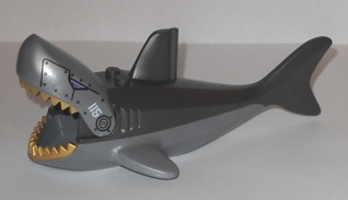 Lego Shark Large with Gills with Gold Teeth, Pearl Dark Gray Dorsal Side, Medium Lavender Eyes, Armor Plates with Rivets, and White '115' Pattern (Sharkanator)