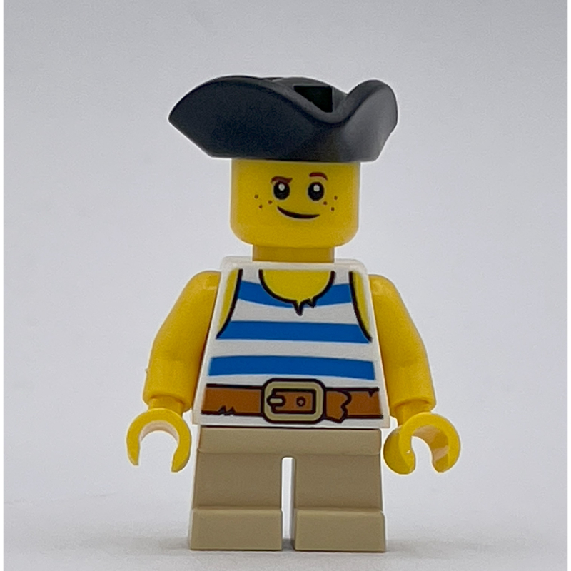 Lego Kid Pirate - Blue Striped Shirt, Tan Legs, Black Tricorne