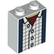 Brick 1 x 2 x 2 with Blue Jacket, White Blocked Shirt, Red Under Shirt, White Buttons Print / White