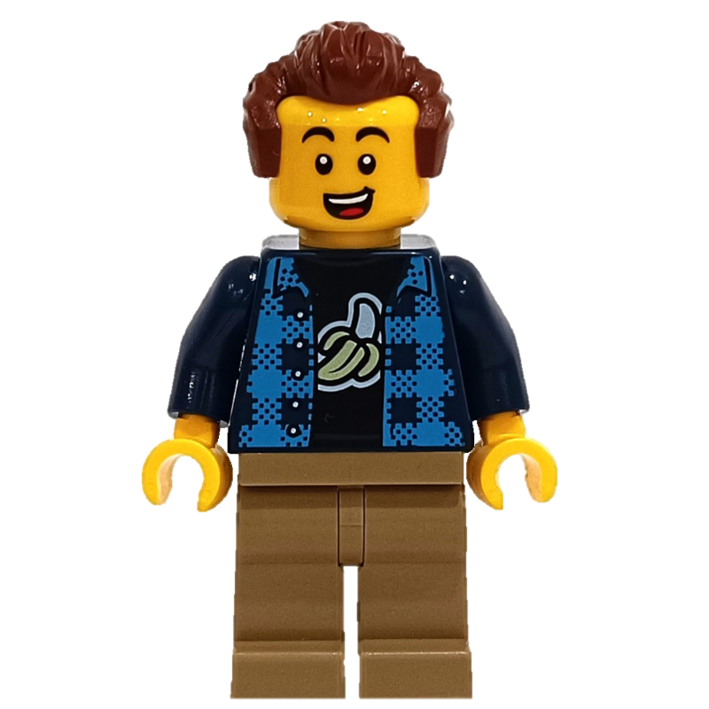 Lego Man, Open Dark Blue Plaid Shirt, Dark Tan Legs, Reddish Brown Hair