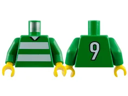 Torso Soccer Uniform Shirt with White Horizontal Stripes, Neck, and Number  9 on Back Pattern / Green Arms / Yellow Hands
