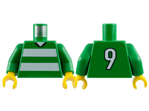 Lego Torso Soccer Uniform Shirt with White Horizontal Stripes, Neck, and Number  9 on Back Pattern / Green Arms / Yellow Hands