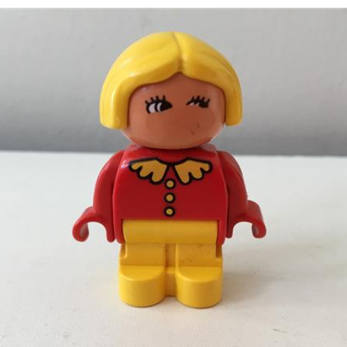 Lego Duplo Figure, Early with Joined Legs Yellow, Red Top with Collar And 3 Buttons, Yellow Hair, White in Eyes Print / Red