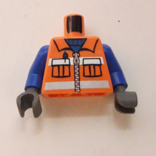 Lego Torso Vest with Reflective Stripes, Zipper, and Pockets and Blue Shirt Print, Blue Arms, Dark Bluish Gray Hands / Orange