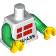 Lego Torso Danish Flag and 'COPENHAGEN' Print, Green Arms, Yellow Hands / White