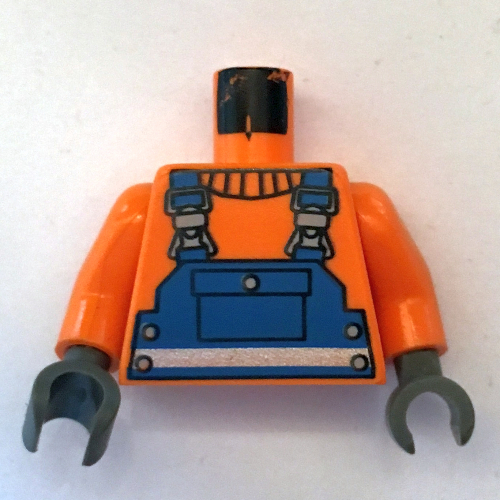 Lego Torso Construction Blue Overalls, Shirt and Silver Print Belt, Orange Arms, Dark Gray Hands / Orange