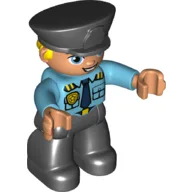 Duplo Figure with Police Style Hat Black, with Black Legs, Police Badge, Dark Blue Tie, Pockets Print / Medium Azure