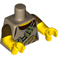 Lego Torso, Dual Molded Arms, Tank Top, Torn with Ammunition Belt over Dark Brown Shirt Print, Dark Brown Sleeves Pattern, Yellow Arms and Hands / Dark Tan