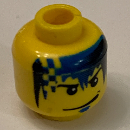 Lego Minifig Head Zed, Smirk, Blue Goatee, Blue and Black Fade and Checks in Hair Print / Yellow