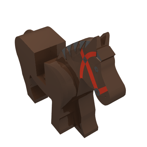 Lego Animal, Horse, Movable Head, Black Eyes, Red Bridle, Black Mane Print / Brown