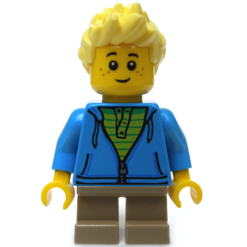 Lego Boy, Open Dark Azure Hoodie with Zipper, Short Dark Tan Legs, Bright Light Yellow Hair