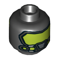 Lego Minifig Head Batman, Dual Sided, Lime Stripe on Forehead and Cheek Lines / Gas Mask and Lime Goggles Print [Hollow Stud] / Black