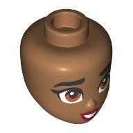 Lego Minidoll Head, Thick Black Eyebrows, Brown Eyes, Dark Red Lips, Teeth / Medium Nougat