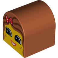 Lego Duplo Brick 2 x 2 x 2 Curved Top with Girl Face, Red Lips, Open Smile, Freckles, Dark Orange Hair with Polka Dot Bow Print / Dark Orange