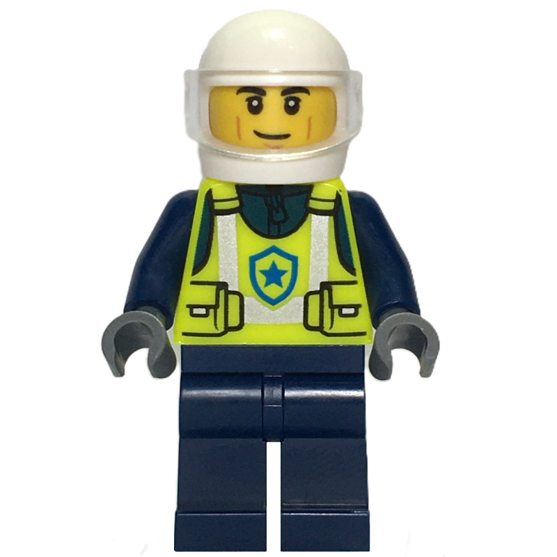 Lego Police Officer, Vibrant Yellow Police Vest, White Helmet with Visor