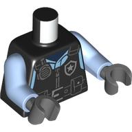 Lego Torso Police Vest, Utility Belt, Silver Police Badge, Radio print, Bright Light Blue Arms, Dark Bluish Gray Hands / Black