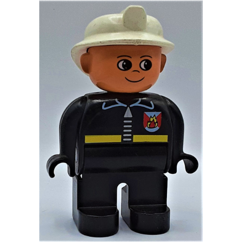 Lego Duplo Figure, Early, Fire Helmet White, Black Legs, Fire Jacket with Zipper Print / Black