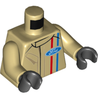 Lego Torso Race Suit with Ford Logo and Red and Blue Stripes on Front and Back Print, Tan Arms, Black Hands / Tan