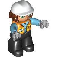 Duplo Figure with Hard Hat and Long Hair, Black Legs, Safety Vest, Light Bluish Grey Hands / Orange