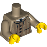 Lego Torso Plaid Coat with Layered Shoulder Detailing and Red Buttons Print, Dark Tan Arms, Yellow Hands / Dark Tan