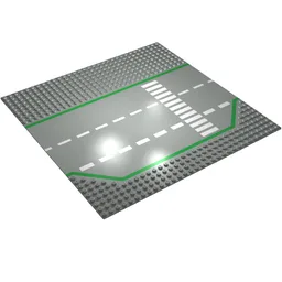Baseplate 32 x 32 Wide Road, 9-Stud with 3 Lane with Green Lines, White Dashed Lines, and Crosswalk Print / Light Gray