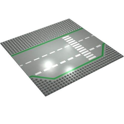 Lego Baseplate 32 x 32 Wide Road, 9-Stud with 3 Lane with Green Lines, White Dashed Lines, and Crosswalk Print / Light Gray