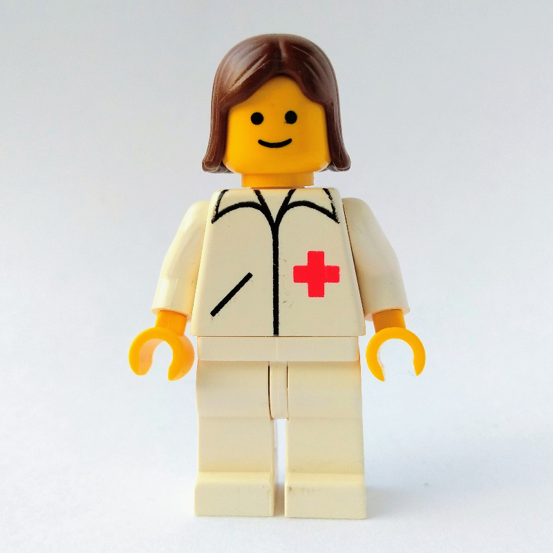 Lego Doctor, Woman, White Jacket with Red Cross, White Legs, Brown Hair