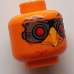 Minifig Head Phoenix, Red Eyes and Dark Bluish Gray Goggles, Beak / Orange