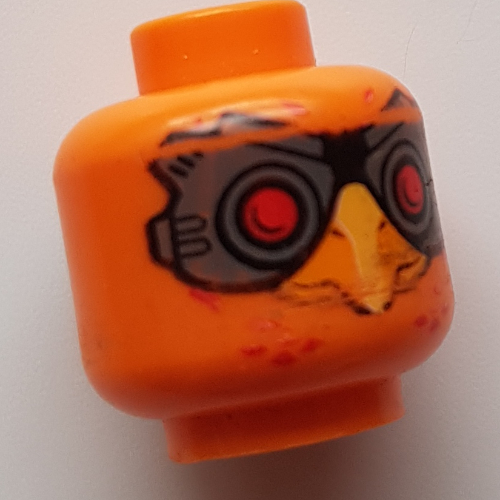 Lego Minifig Head Phoenix, Red Eyes and Dark Bluish Gray Goggles, Beak / Orange
