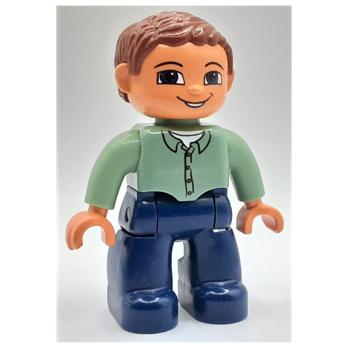 Lego Duplo Figure with Parted Wavy Hair Reddish Brown, with Dark Blue Legs, Sand Green Top with 4 Buttons, and Blue Eyes / Sand Green