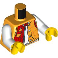 Lego Torso, Red/Orange Jacket, White Shirt print, White Arms, Yellow Hands, NO. 6403 / Bright Light Orange