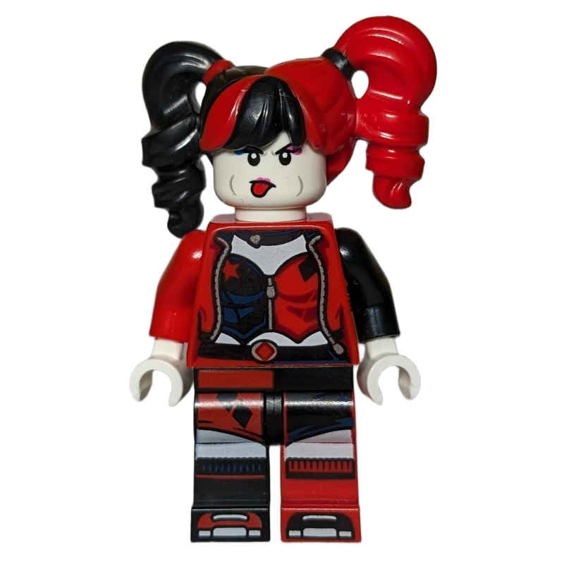 Lego Harley Quinn in Black and Red Jester Outfit, Black/Red Hair