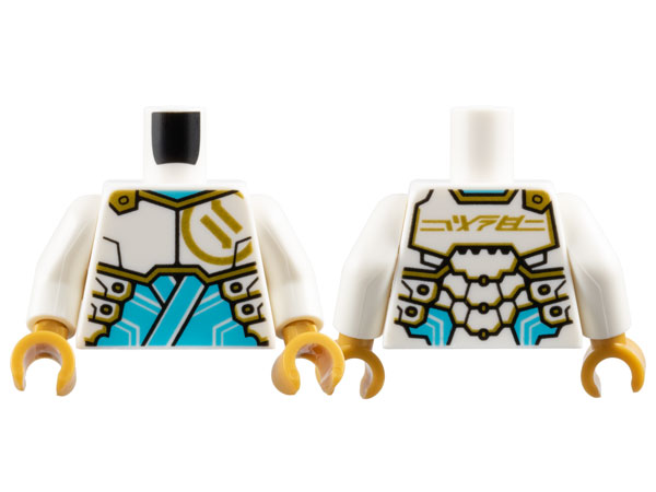 Lego Torso Armor Plates with Gold Ninjago Logogram 'Z' on Front and 'ZANE' on Back over Medium Azure Tunic Pattern / White Arms / Pearl Gold Hands