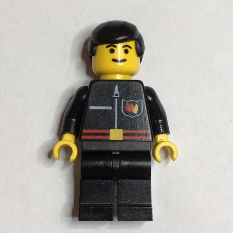 Lego Fireman, Black Fire Jacket with Red Belt and Badge, Black Hair