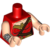 Lego Torso Bodysuit, Light Nougat Neck, Gold Trim and Dark Brown Shoulder Strap Print, Light Nougat Arms and Hands with Silver Gauntlet Print / Red