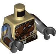 Lego Torso Armor, Reddish Brown Panels, Dark Brown Strap, Arm print, Dark Bluish Gray Arms, Black Hands / Tan