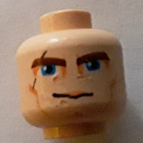 Lego Minifig Head Anakin Skywalker, Brown Thick Eyebrows, Blue Eyes, Scar and Lines Print / Light Nougat