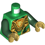 Lego Torso Armor with Gold Plates and Orange Hexagon with Fox Head Print (Aaron), Dark Green Arms, Pearl Gold Hands / Green