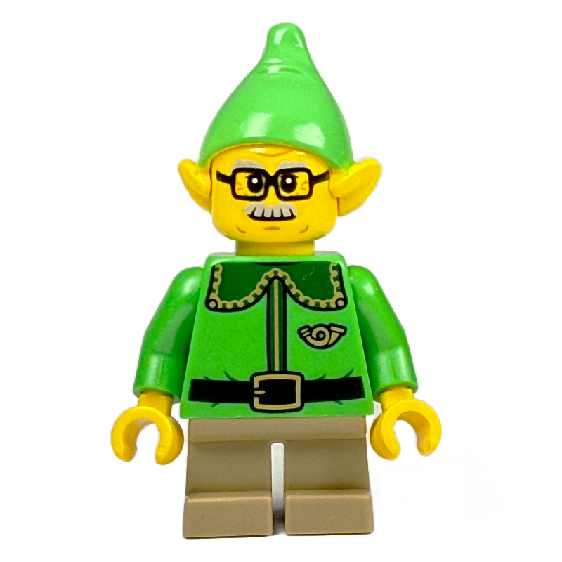 Lego Elf / Postal Elf - Bright Green Torso, Dark Tan Legs, Bright Green Hat, Glasses and Moustache