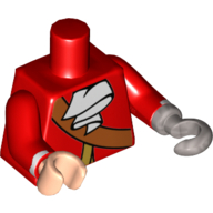 Lego Torso Pirate Coat with Gold Trim, Crossbelt, White Ascot print, Red Arms with White Stripe at Wrist, Light Nougat Right Hand, Flat Silver Left Hook / Red
