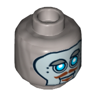 Lego Minifig Head Robot Hoodlum, Blue Robot Eyes, Silver Face Panel, Raised Eyebrow, Brown Moustache and Goatee Print [Hollow Stud] / Flat Silver