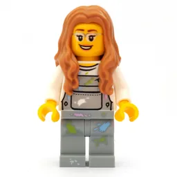 Woman, Light Bluish Gray Overalls with Paint Stains, Medium Nougat Hair, Glasses