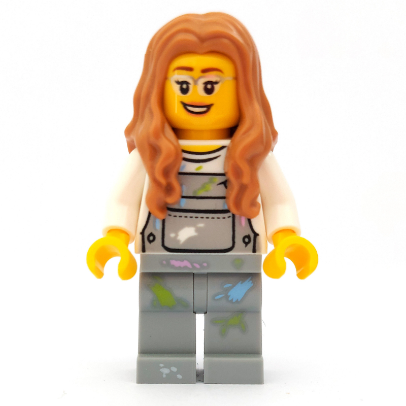 Lego Woman, Light Bluish Gray Overalls with Paint Stains, Medium Nougat Hair, Glasses