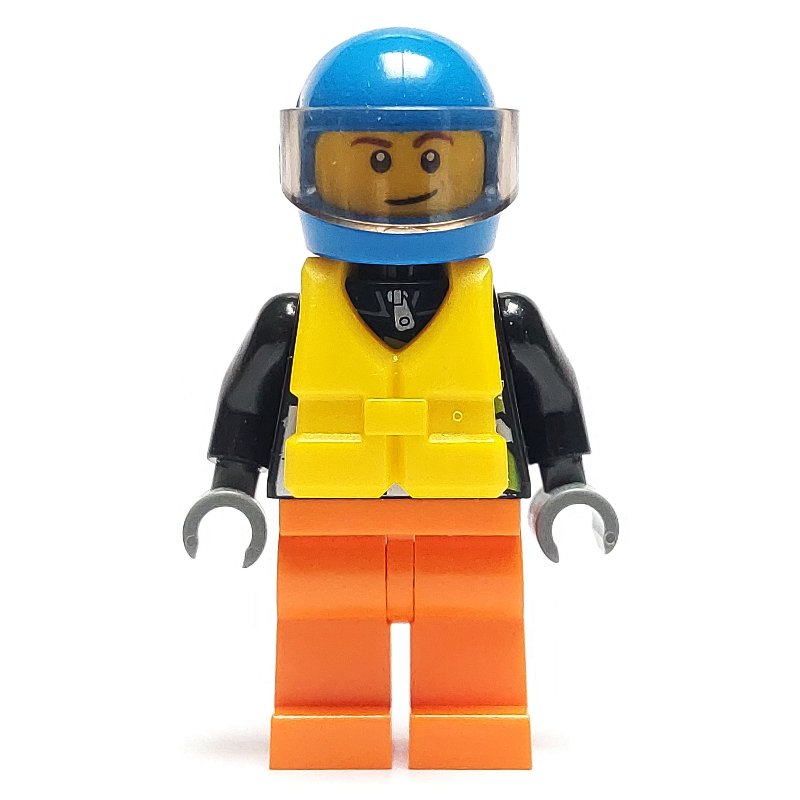 Lego Racer, Black Jacket with Extreme Team Logo, Orange Legs, Blue Helmet with Visor, Yellow Life Vest