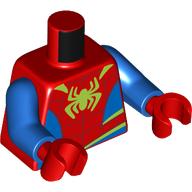 Lego Torso Bodysuit, Blue Sides and Waist, Dark Red Webbing, Lime Spider Print (Spider-Man), Blue Arms, Red Hands / Red