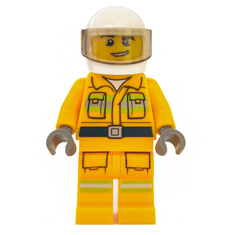 Lego Fireman, Bright Light Orange Fire Suit, White Helmet with Visor