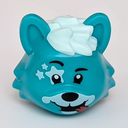 Lego Minifig Head Special, Puppy with White Stars and Snout, Light Aqua Hair Print / Dark Turquoise