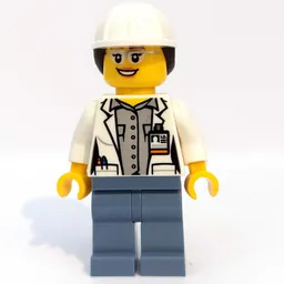 Volcano Explorer Scientist, Woman, Open White Lab Coat, Sand Blue Legs, White Hard Hat with Hair