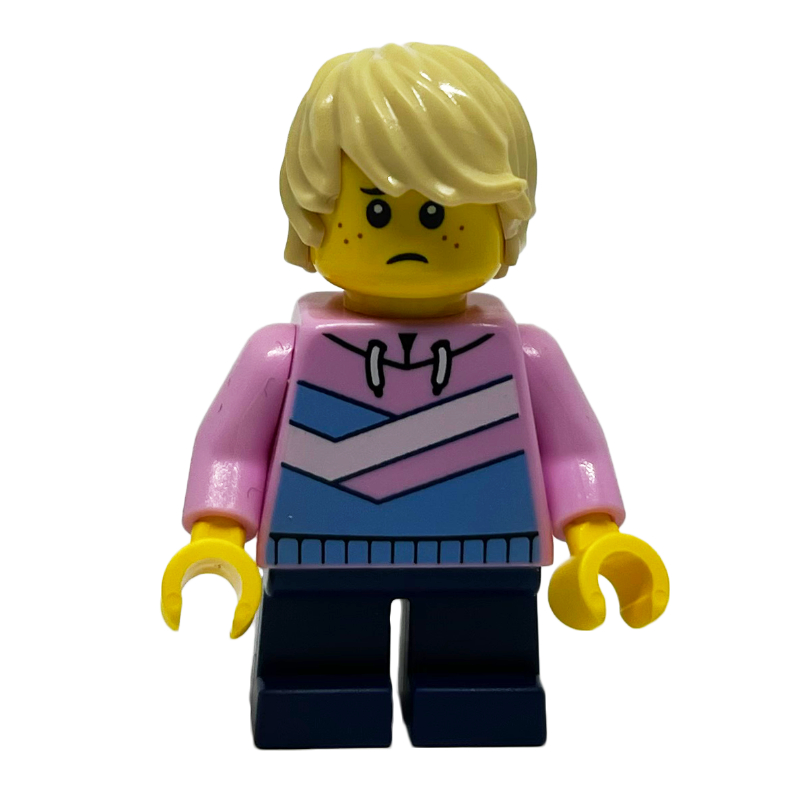 Lego Boy, Bright Pink Jacket, Dark Blue Short Legs, Tan Hair