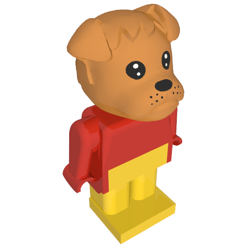 Lego Fabuland Figure Bertie Bulldog with Brown Head, Red Torso, Arms and Hands, and Yellow Legs / Red